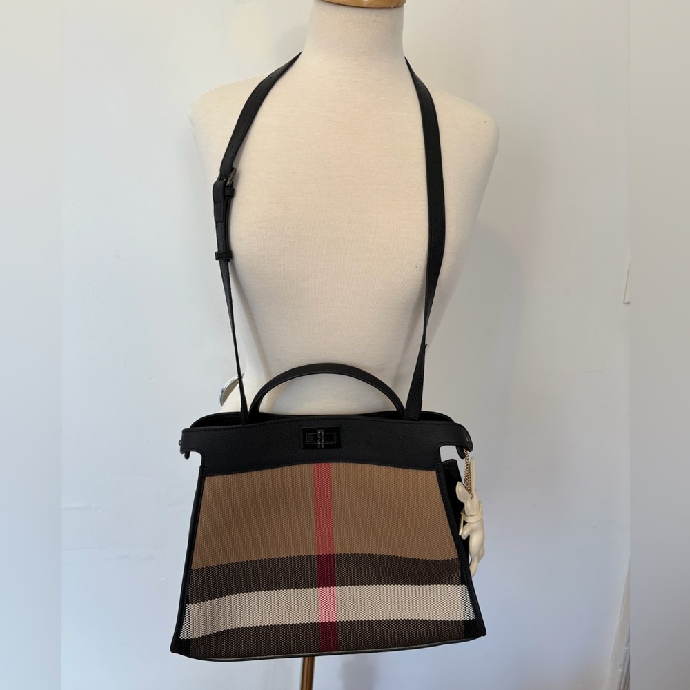 Plaid Canvas Handbag Crossbody Satchel Black Leather Trim Turn Lock Purse